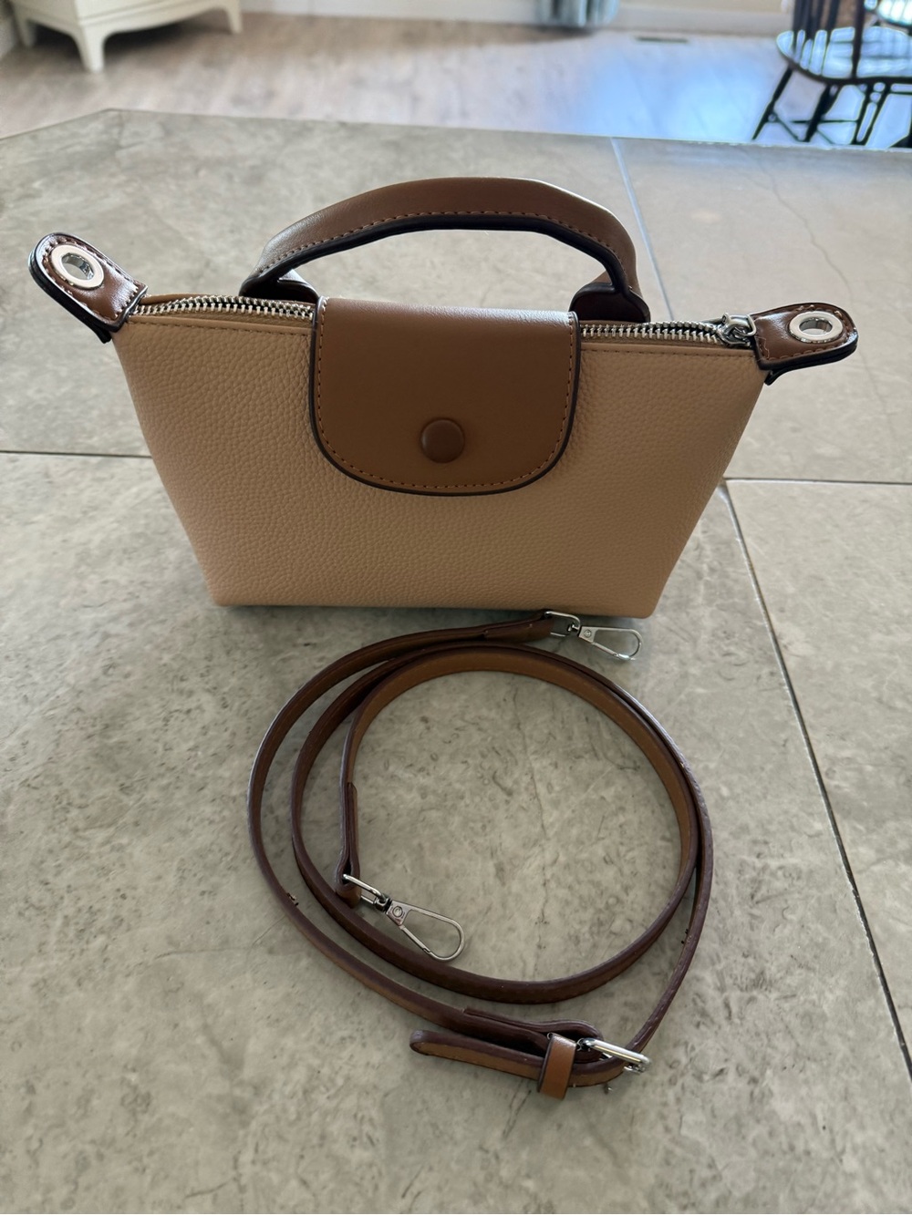 Beige and Brown Women's Top-Handle Crossbody Bag